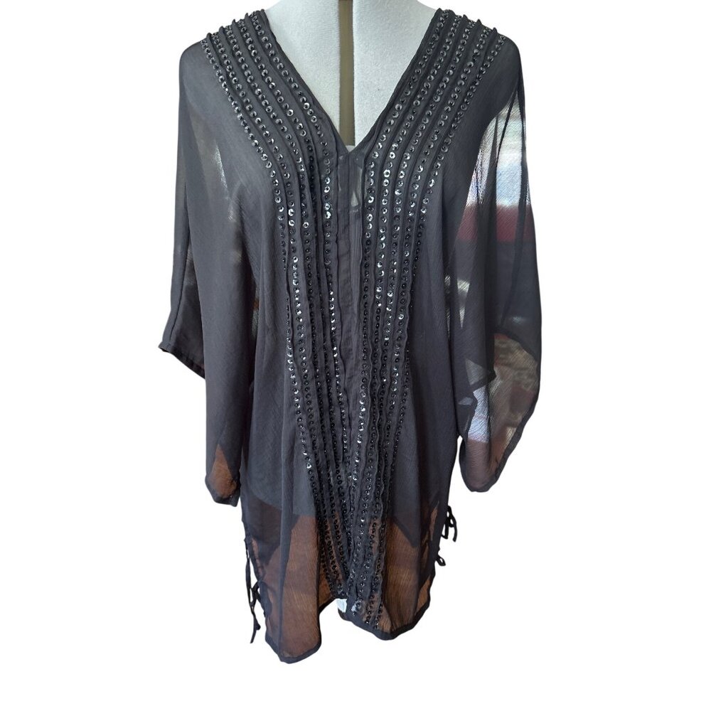 Palm Island Sheer Black Beach Cover Up With Sequins & Drawstring Sides Size S